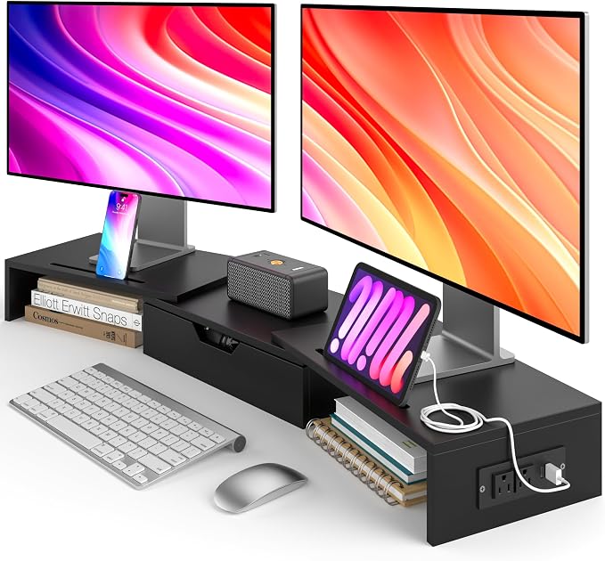 Dual Monitor Stand with USB Ports Wood Monitor Stand Riser with Drawer | Adjustable Desk Shelf,Desk Organizer for Computer,Laptop,Study&Office,No Assembly Required,Black