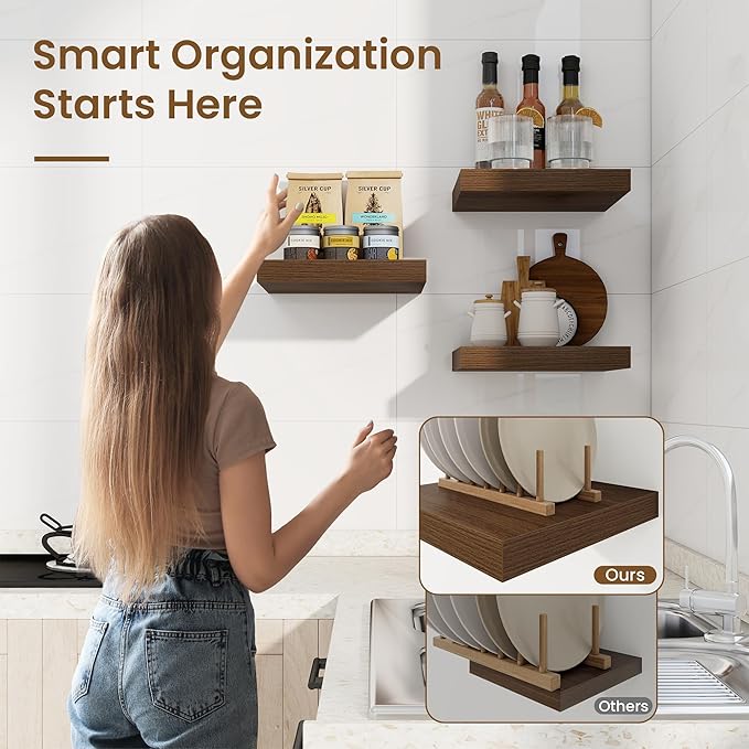 Marsmiles Square Floating Shelves for Wall, 12" W x 12" D x 1.5" H, 3 Pack Small Wall Mounted Engineered Wood Shelves with Invisible Brackets for Living Room, Bedroom, Bathroom, Kitchen Decor, Walnut