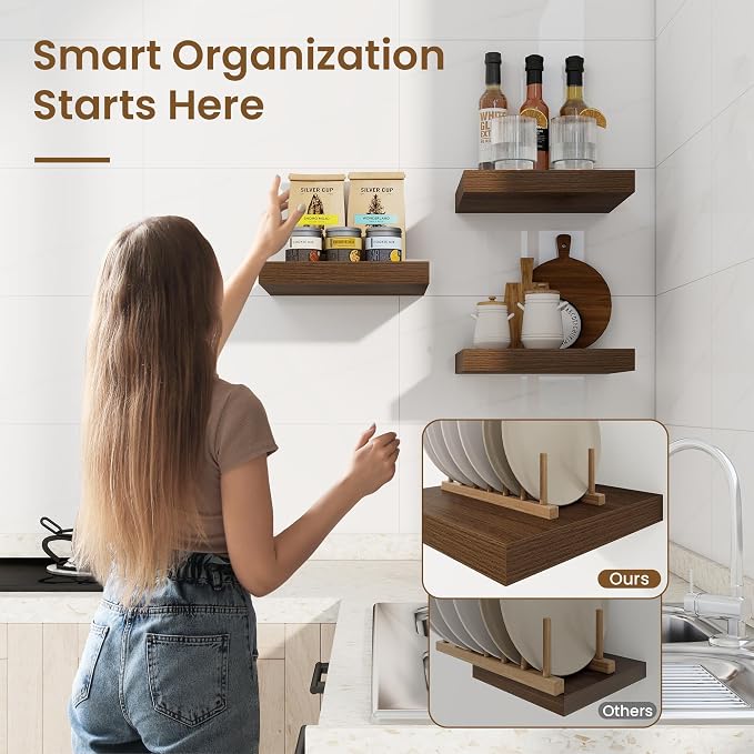 Square Floating Shelves for Wall, 9.25"W x 9.25"D x 1.25"H, 3 Pack Small Wall Mounted Engineered Wood Shelves with Invisible Brackets for Living Room, Bedroom, Bathroom, Kitchen Decor, Walnut