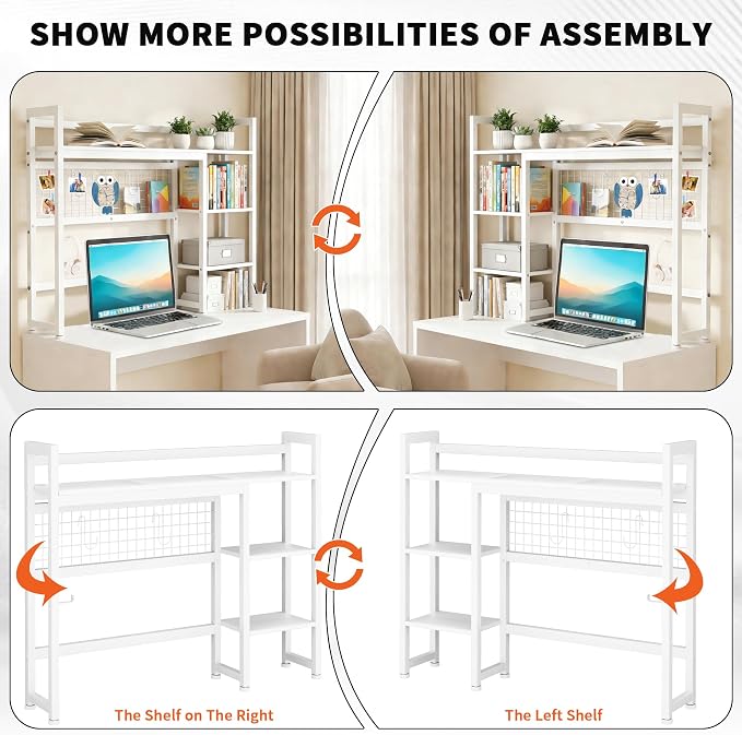 Desktop Shelf, 38.5'' Desktop Organizer Shelf for Computer Monitor, 4 Tier Hutch Storage Rack for Home Office Dorm, White