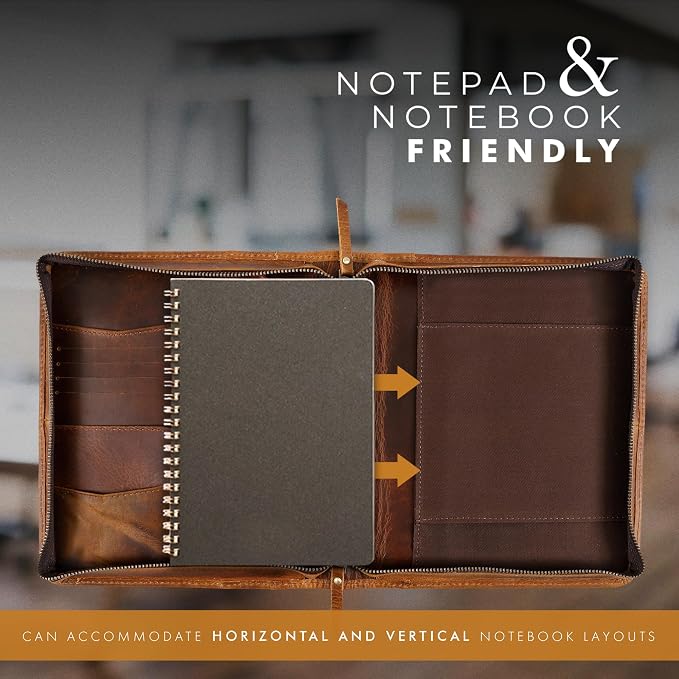 ELIZO Leather A5 Portfolio Padfolio Folio A5 Notebook Journal Cover Planner Binder Small Mens Business Work Folder Organizer (Antique)