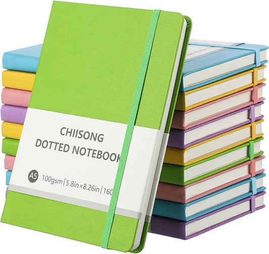 Chiisong 10 Pack Bullet Dotted Journal Notebook Bulk, A5 Dot Grid Notebook with 100 GSM Paper, Leather Hardcover Dotted Journal with 160 Pages for Women Men Writing Journaling Planning, 5.7 x 8.3 Inch