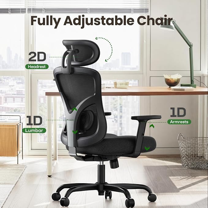 Marsail Ergonomic Office Chair with Lumbar Support,2D Headrest, Adjustable Armrests, Contoured Seat Cushion,Desk Chair with Wheels for Home and Office