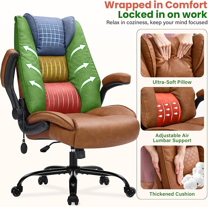 CIOMAN 500lbs Big and Tall Office Chair with Inflatable Lumbar Support, Rubber Wheels Executive Chair with Rocking Function, High Back Wide Cushion Ergonomic Desk Chair for All-Day Sitting,Brown
