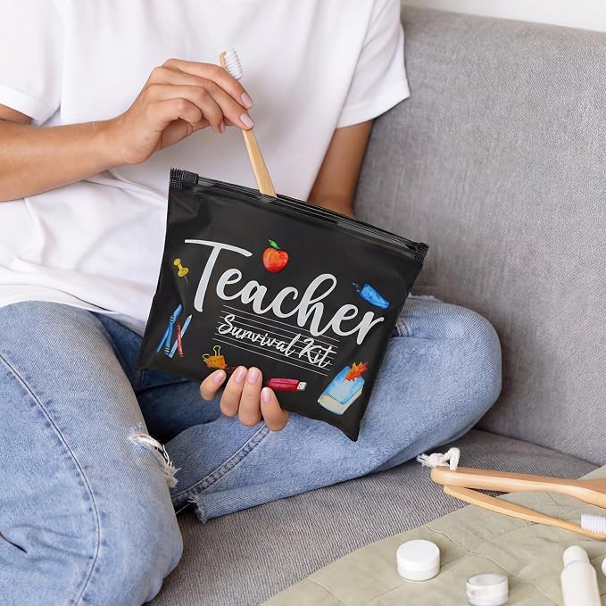 60 Pcs Teacher Appreciation Gifts Bulk Black Teacher Survival Small Waterproof Makeup Toiletry Bag Pouch Cosmetic Pencil Bag Thank You Gifts for Women Men Travel Back to School Season Supplies