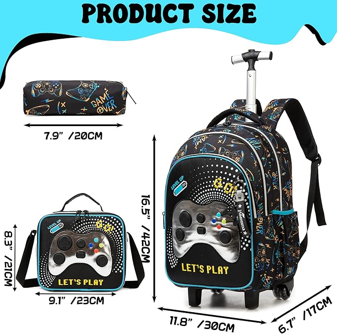 Boys Rolling Backpack for School Backpack with Wheels for Kids Roller Backpacks for Kids Backpacks with Lunch Box Pencil Case for Elementary Back to School Supplies