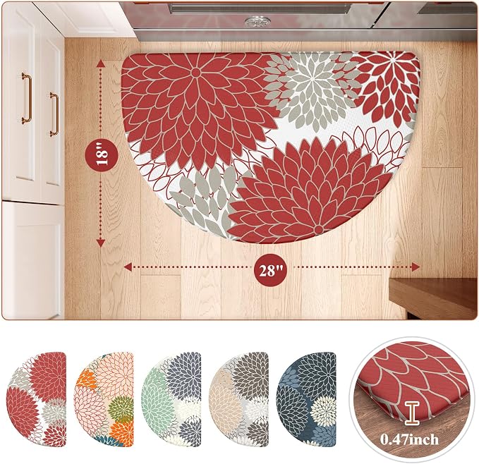 KIMODE Half Circle Kitchen Mats for Floor Cushioned Anti Fatigue Semi Round | Half Round,28"x18",Dahlia Boho,Red,Kitchen Rug Non Slip ,Waterproof Sink Floor Mat Carpet Decor for Laundry Bathroom