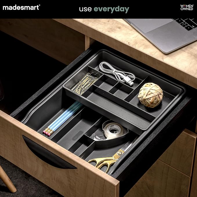 madesmart Classic Junk Drawer Organizer, Carbon | rounded corners, sliding top tray, removable upper level, 13 compartments, cords pens keys, woman owned