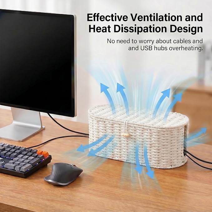 Set of 2 Cable Management Box, Handwoven Cord Hider Box with 3 Open Slots | Cable Organizer Box with Lockable Lid, Cord Storage Box to Hide Power Strip, Router, USB Hub, TV Wires for Home, Office