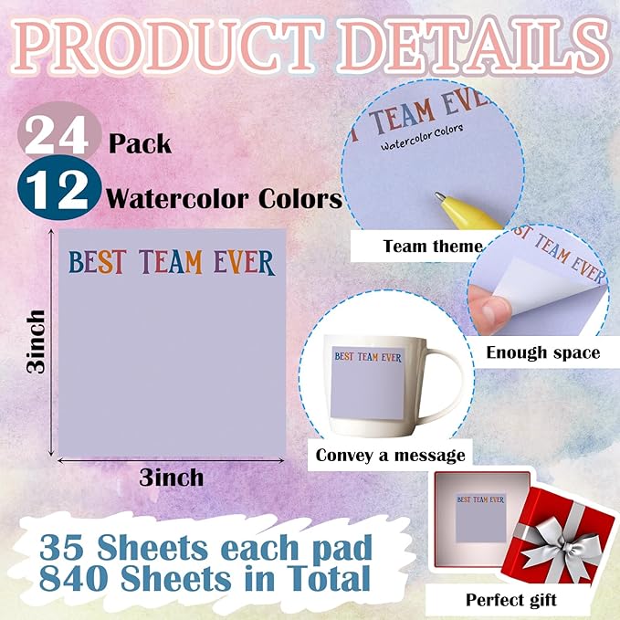 Yinder 24 Pcs Inspirational Sticky Notes Thank You Gift Motivational Sticky Note Pad Employee Appreciation Gift Bulk for Staff Coworker Teacher Nurse Office Groups 3 x 3'' (Team,Aesthetics)