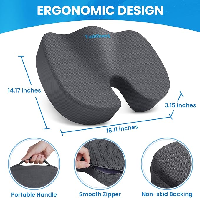 TushGuard Seat Cushion for Office Chair, Memory Foam Chair Cushion, Gray | Office Chair Cushion for Car, Airplane - Chair Pad for Long Sitting Sciatica, Hip, Coccyx,Tailbone Pain Relief, Butt Pillow