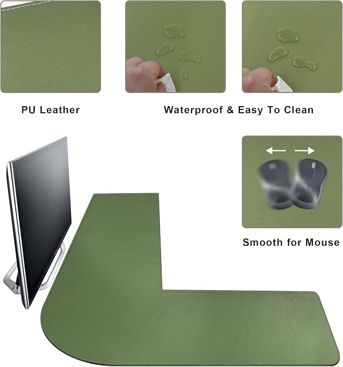 Mydours L-Shape Desk Pad, (38"+38") x 13" Large PU Leather Corner Desk Mat Blotter, XXL Large Waterproof Gaming Mouse Pad, Desktop Protector for Computer Keyboard Home Office (Green)