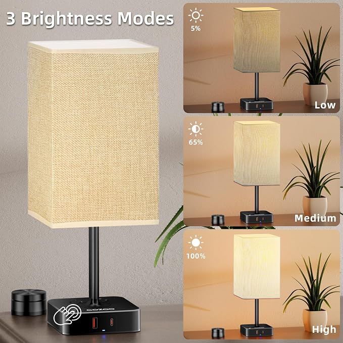 cozoo Bedside Table Lamp for Bedroom, 3 Way Dimmable & Remote Control Stepless Dimming Touch Nightstand Lamp, 2 USB Ports and 2 AC Outlets, Small Desk Light for Living Room, Bed, Study, Beige