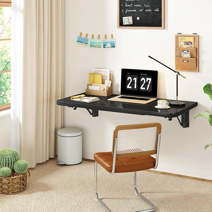 IBUYKE Wall Mounted Folding Table, Floating Wall Desk for Small Spaces, Fold Down Laundry Shelf with Heavy-Duty Brackets, Wall Table for Home Office/Bar/Kitchen/Dining Black UTVT005B