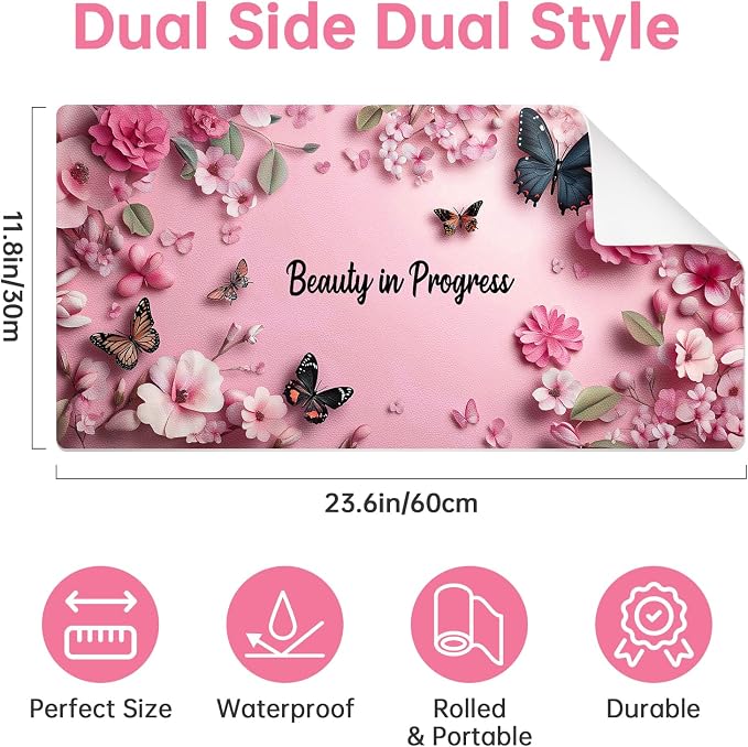 Dual-Sided Waterproof Synthetic Leather Makeup Mat for Desk, Makeup Station, Crafts, Multi-Use Scratch & Stain Resistant Surface Protector Pad for Vanity, Desktop, Craft Table (Butterfly)