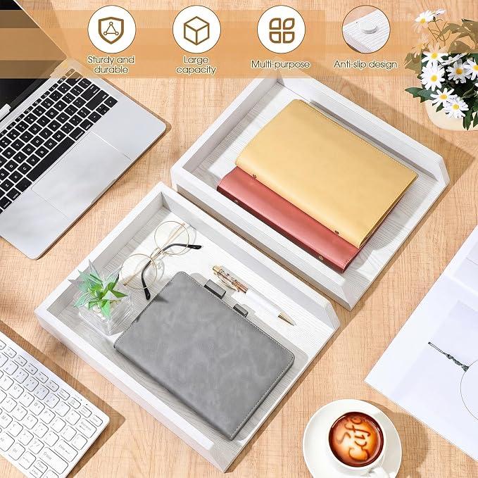DoubleFill 2 Pcs Wooden Letter Trays 2 Tier Desktop Paper Organizer Wood Letter-Size Desk Document Tray Heavy Duty Stackable Paper Drawer Holder File Folder Back to School Office Home (White)