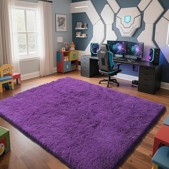 Purple Fluffy Rug Shag Area Rug, 8x10 Area Rugs for Girls Bedroom, Big Soft Shag Bedside Non-Slip Plush Dorm Carpet Home Decor Aesthetic