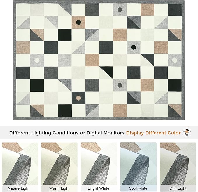 Terrug Grey and Beige Geometric Checkered Rug for Living Room, 5x7 Area Rugs Washable with Non Slip for Bedroom, Soft Low Pile Stain Resistance Carpet for Dinning Room