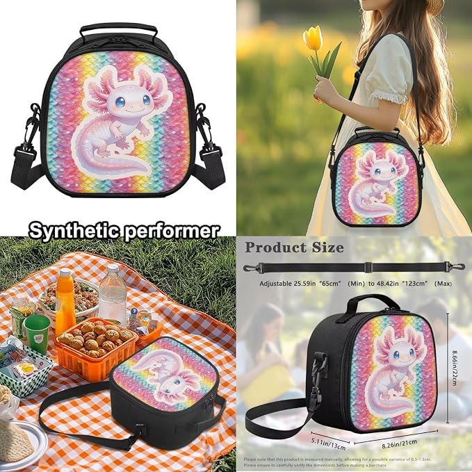 WELLFLYHOM Axolotl Scales Multi Pockets Backpack for School Kids Girls Junior High Middle School 17 Inch Book Bag with Insulated Lunch Bag Cute Pencil Case Water Bottle