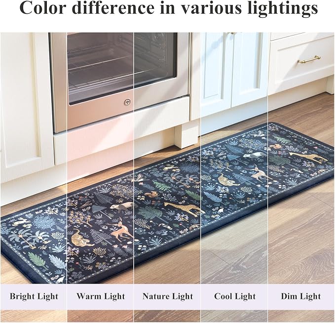 KIMODE Anti Fatigue Mats for Kitchen Floor,Cushioned Kitchen Rugs Sets of 2 | 17.3"x47"+ 17.3"x29",Dark Blue,Farmhouse Animal Forest Kitchen Rug Non Slip,Padded Kitchen Floor Mats for Laundry Sink Office