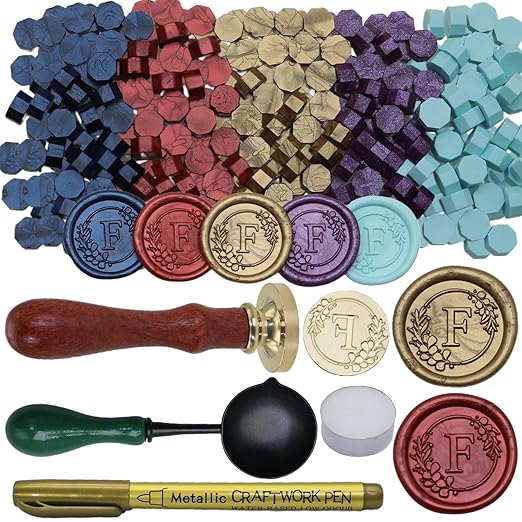 Initial Alphabet F Wax Seal Stamp Set, Retro Letter Sealing Stamp with 150Pcs Sealing Wax Beads in 5 Color, Melt Non Slip Spoon Pen Kit for Wedding and Christmas (F)