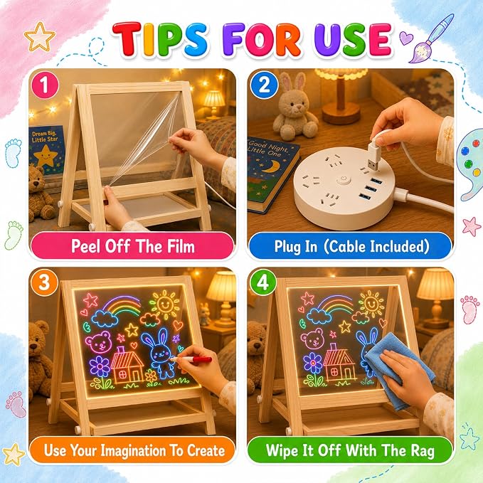 Magnetic Easel for Kids, Double-Sided LED Light Up Drawing Board Toddler | Wooden Tabletop Art Station with 7 Markers, US Map and Alphabet Number Magnets, Gift for Boys Girls 3-6
