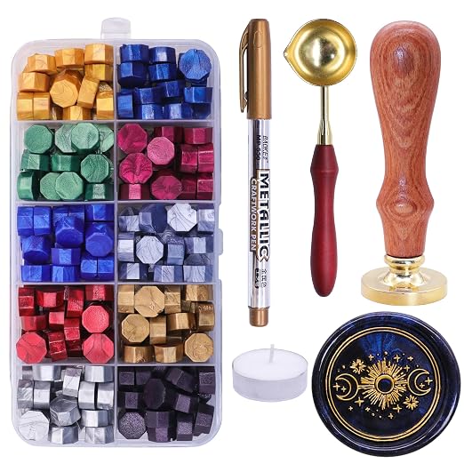 SWANGSA Sun and Moon Wax Seal Stamp Kit with 200pcs Sealing Wax Beads, Great for Embellishment of Invitations, Christmas, Wine Packages, Gift Idea