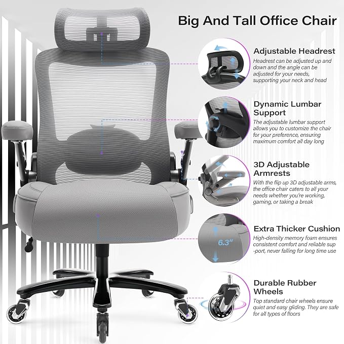 Big and Tall Office Chair 600lbs with 3D Flip Arms, Heavy Duty Large Executive Computer Desk Chair Ergonomic Mesh High Back Plus Size Chair for Adults