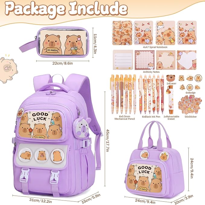 Capybara Backpack for School Girls, 30PCS Capybara Gifts School Supplies Stationery Set with Lunch Box Pencil Case Pens Pencils Notebook Cartoon for Kindergarten Elementary Student(Purple)