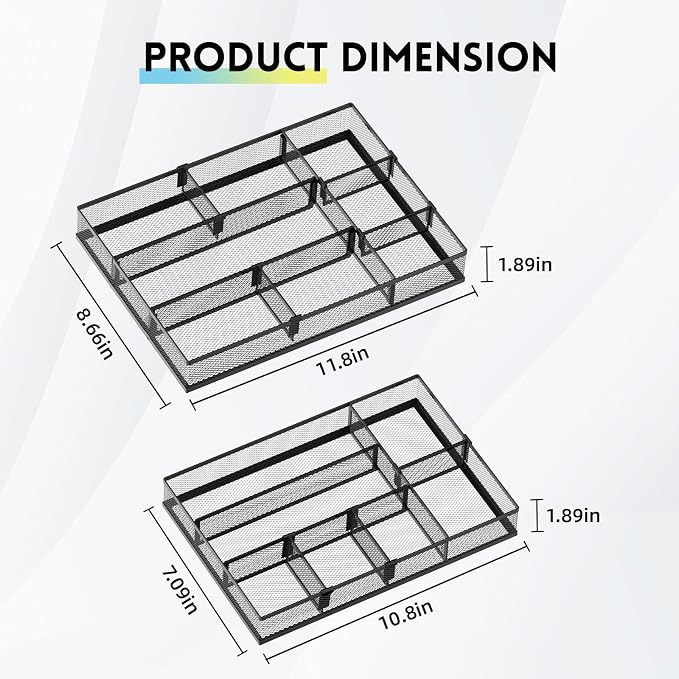 2 Pack Desk Drawer Organizer with Adjustable Dividers, Black | Metal Mesh Desk Organizers for Office Supplies, Makeup, Kitchen & Vanity