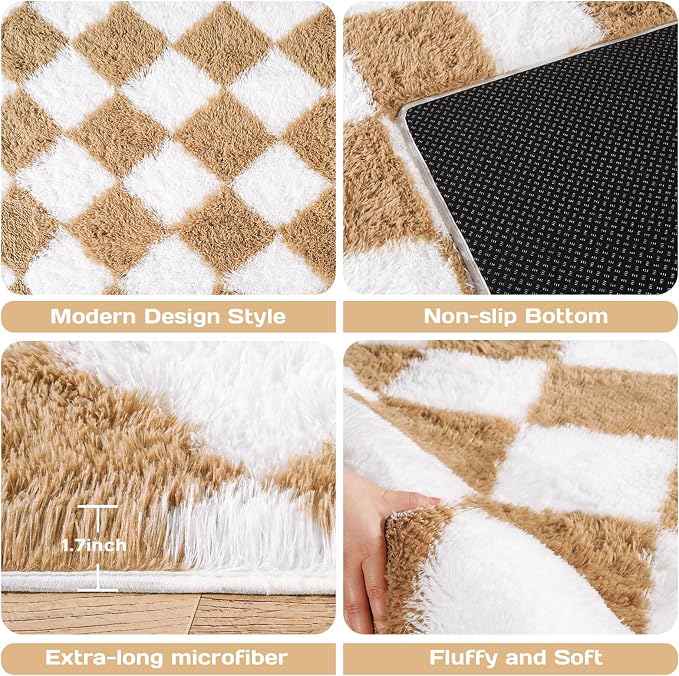 Checkered Rug 4x6 for Bedroom, Ultra Fluffy Shag Area Rugs for Living Room, Upgrade Anti-Skid High Pile Soft Rug Fuzzy Carpet for Living Room Bedroom Kids Room Nursery, Dorm Home Decor, White Camel