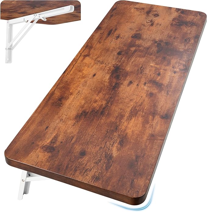 Neoaider Wall Mounted Folding Table 39.4”L x 19.7”W, Laundry Folding Table with Heavy Duty Metal Collapsible Shelf Brackets, Wall Mounted Desk Fold Down for Small Spaces, Brown