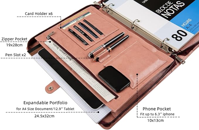 3-Ring Portfolio Padfolio for Women, Vegan Leather Binder, Pink, Zipper, Handmade Portfolio Organizer, Personalized for Lefty & Righty