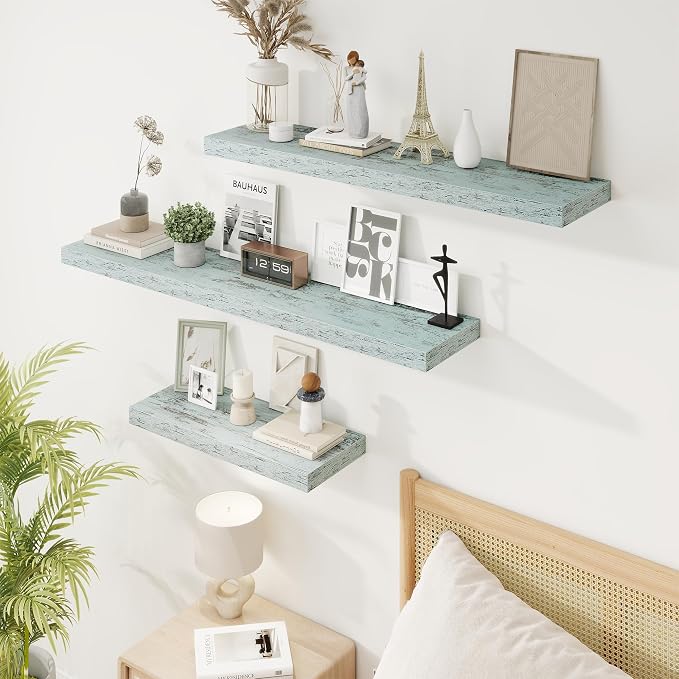30in Floating Shelves for Wall, 30"W x 9.25"D x 1.25"H, 2 Pack Long Wall Mounted Engineered Wood Shelves with Invisible Brackets for Living Room, Bedroom, Bathroom, Kitchen Decor and Storage, Blue