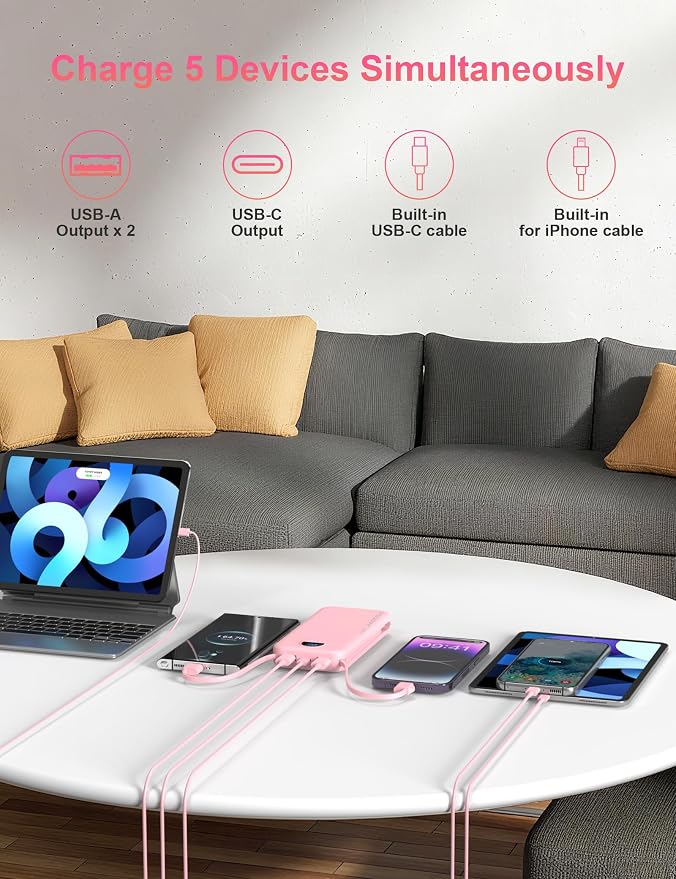 Portable Charger with Wall Plug, 10000mAh USB C Power Bank Fast Charging, External Battery Pack with Built in Cables, Digital Display, 5 Output 4 Input for iPhone Android Cell Phone Tablet
