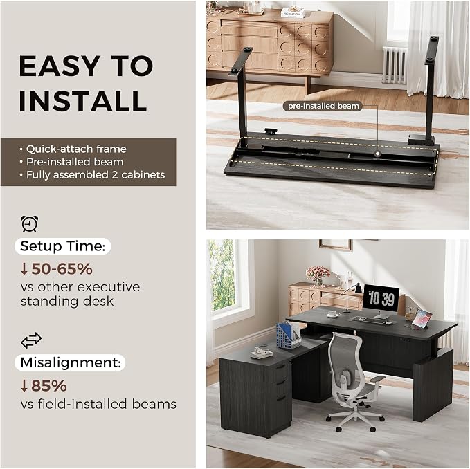 66.93'' L Shaped Executive Standing Desk with Pre-Assembled Frame & Lockable Cabinets, Height Adjustable Desk Dual-Motor Sit-Stand Workstation for Corporate & Home Office (Grey)