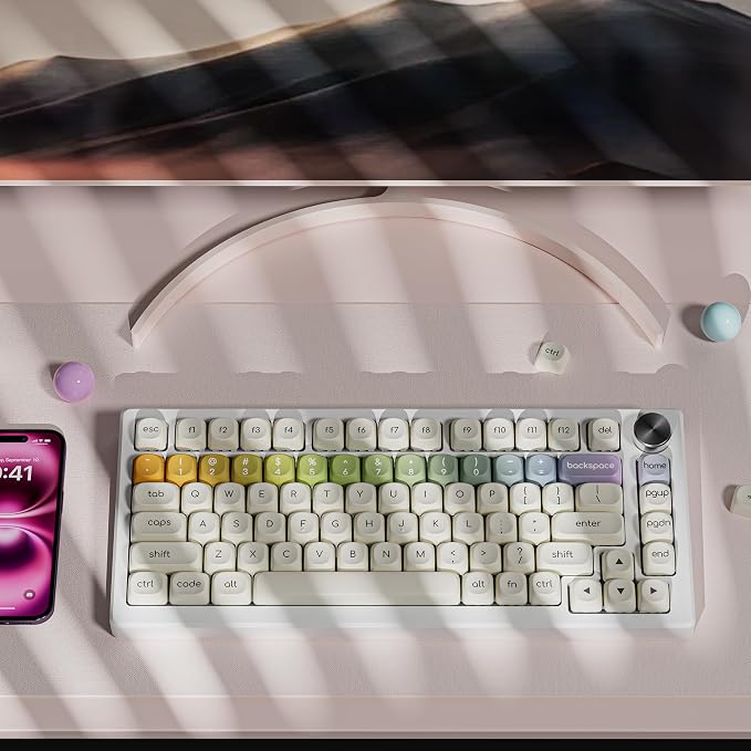 Womier PBT Keycaps Set 126 Keys, Doubleshot Dye Sub Side Print White Custom Round Keycaps for 60 65 75 100 Percent Creamy Mechanical Keyboards, MOA Profile (Rainbow)