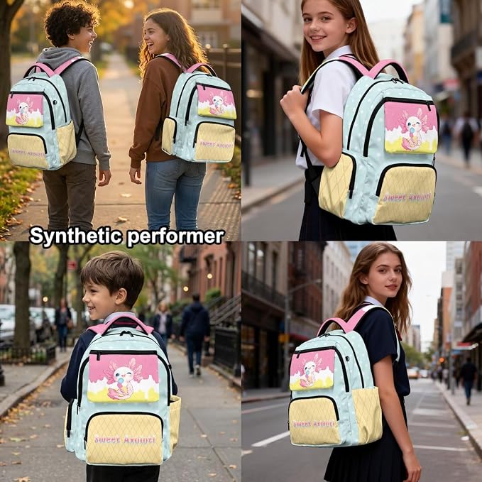 WELLFLYHOM Axolotl Ice Cream Kids Book Bags for Girls 10 Years Old Girls School Backpack 8-12 Elementary Junior Dayback Insulated Lunch Box Pencil Case Water Bottle Holder