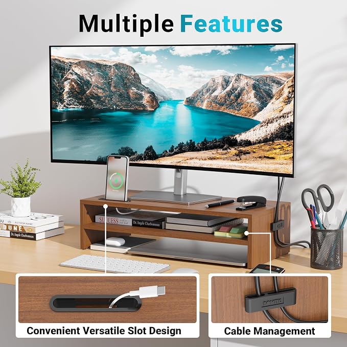 BONTEC Walnut Monitor Stand Riser, 21.3 Inch 2-Tier Wood Desk Shelf for Monitor & Laptop, Desktop Organizer with Cable Management and Phone Holder, Ergonomic Computer Riser, 66 lbs Capacity