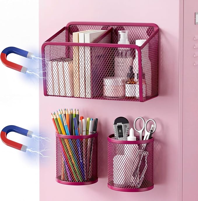 Marspark 3 Pcs Magnetic Pen Holder Set Metal Pencil Holder with Strong Magnets Wire Mesh Storage Basket Organizer for Locker Accessories Whiteboard Refrigerator School Office Dorm(Pink)