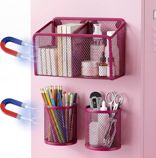 Marspark 3 Pcs Magnetic Pen Holder Set Metal Pencil Holder with Strong Magnets Wire Mesh Storage Basket Organizer for Locker Accessories Whiteboard Refrigerator School Office Dorm(Pink)