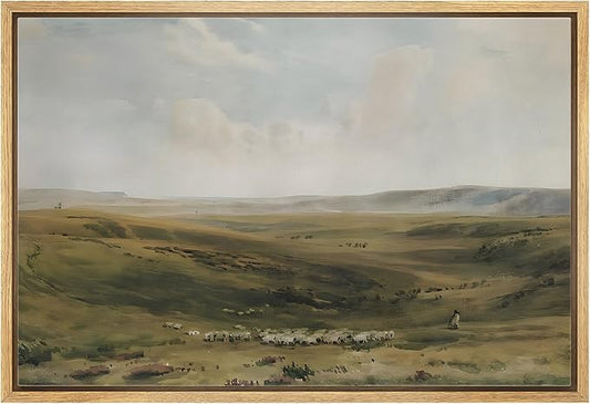 MUDECOR Framed Canvas Print Wall Art Tranquil Pastures Landscape Vintage Classic Illustrations Fine Art Decorative Zen Multicolor Country/Farmhouse Retro for Bedroom - 24"x36" Natural