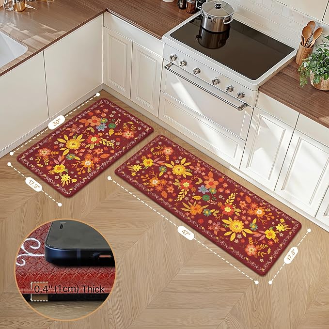 GENIMO Anti Fatigue Kitchen Mats for Floor 2PCS, Cushioned Standing Mats | 17.3"x47"&17.3"x30", Red vintage floral rug set, waterproof, non slip, easy-clean for farmhouse