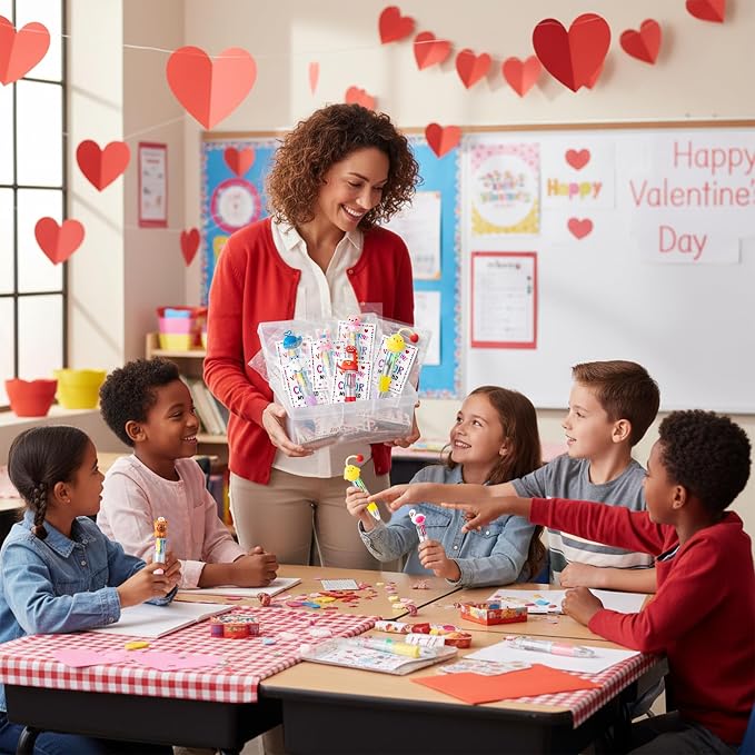 ANGOLIO Valentine's Day Gifts 28 Sets Cards with Cute Animal 4 in 1 Multicolor Ballpoint Pens for Kids Students School Classroom Office Valentines Exchange Gifts Party Favors Toddler Boys Girls Prizes