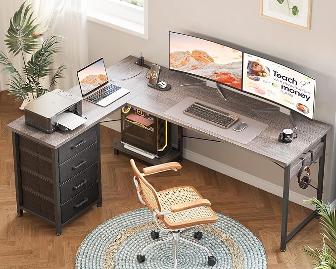 AODK 61" L Shaped Gaming Desk with 4 Drawers and Power Outlets, Grey | USB Ports, PC Tower Stand, Hooks, Reversible Corner Layout for Gaming Rooms, Bedrooms and Home Office