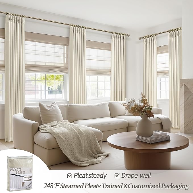Memory Trained Pinch Pleated Cream 104 Inch Long Curtains 2 Panels Set for Office, Full Blackout Two Layer Heavy Linen Blend Sound Dampening Heat Blocking Textured Curtain & Drapes for Large Windows