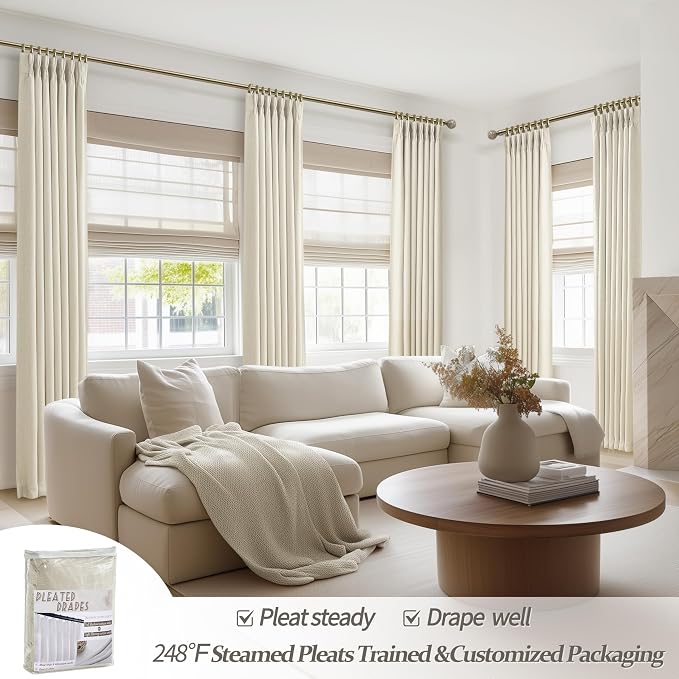 Light Beige Natural Linen Blackout Curtains 90 Inches Long 2 Panels Set for Patio Sliding Door, Modern Pinch Pleat Double Layer Sun Block Window Drapes for Office 40 x 90 Inch Cream Decorative Curtain