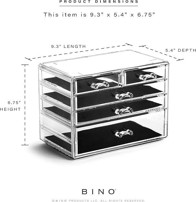 BINO THE MANHATTAN SERIES Acrylic Makeup Drawer Organizer-3 Large 2 Small Drawer | Clear Beauty Organizers and Storage| Cosmetic & Makeup Organizer | Home Organization| Jewelry & Vanity Accessories