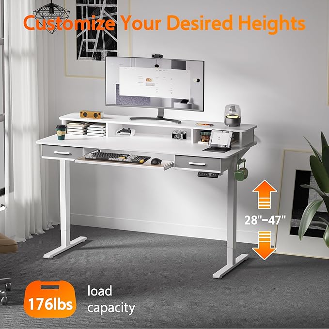 WALKINGDESK 55 Inches Electric Standing Desk with Keyboard Tray, Height Adjustable Sit to Stand Table with 2 Drawers, Ergonomic Home Office Desk with Storage Shelf, Computer Table, White