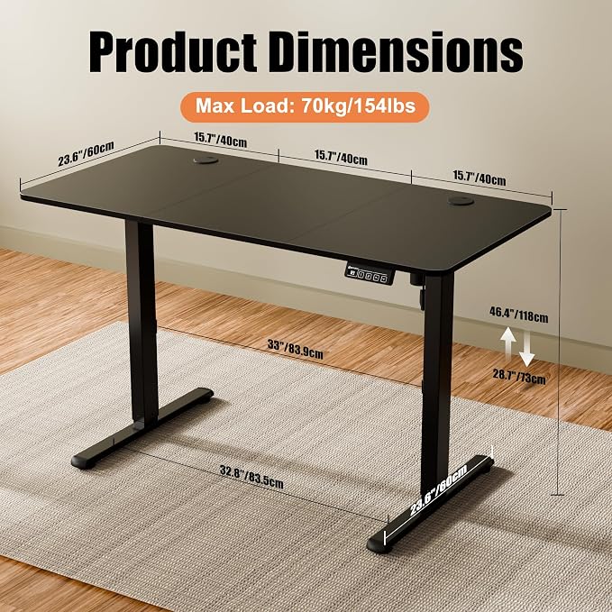 47"x24" Standing Desk, Height Adjustable Sit-Stand Home Office, Black | Electric Adjustable Standing Desk, Sit to Stand Computer Office Desk with Splice Board, Memory Preset, Lifts 28.7''-46.5"